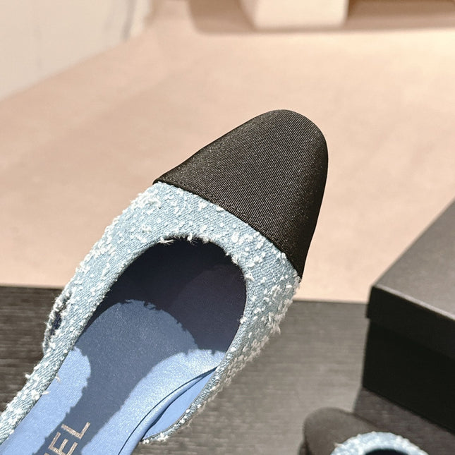 SLINGBACKS IN LIGHT BLUE DENIM AND BLACK SATIN