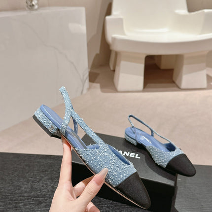 SLINGBACKS IN LIGHT BLUE DENIM AND BLACK SATIN