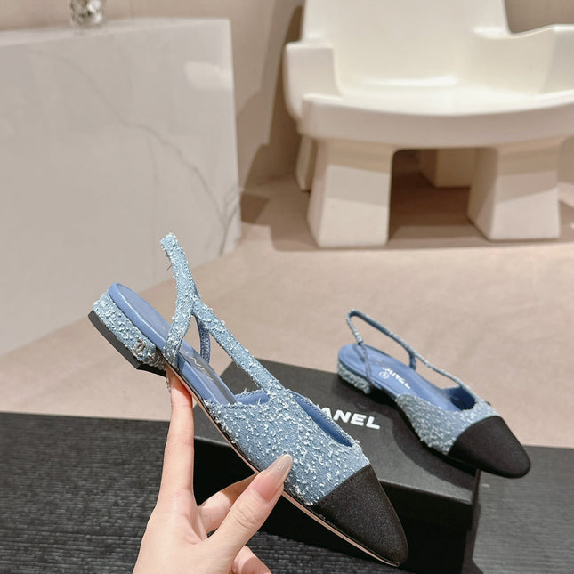 SLINGBACKS IN LIGHT BLUE DENIM AND BLACK SATIN