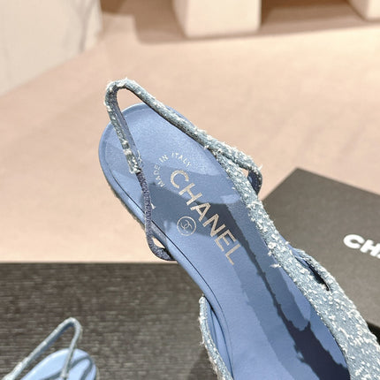 SLINGBACKS IN LIGHT BLUE DENIM AND BLACK SATIN