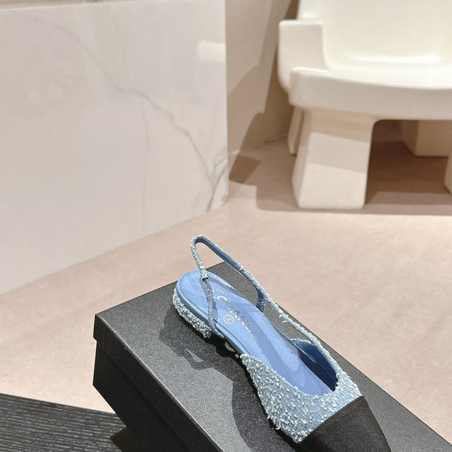 SLINGBACKS IN LIGHT BLUE DENIM AND BLACK SATIN
