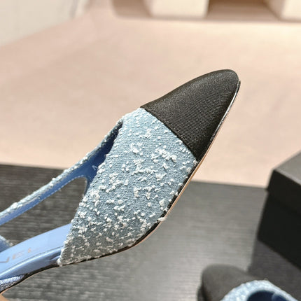 HIGH SLINGBACKS IN LIGHT BLUE DENIM AND BLACK SATIN