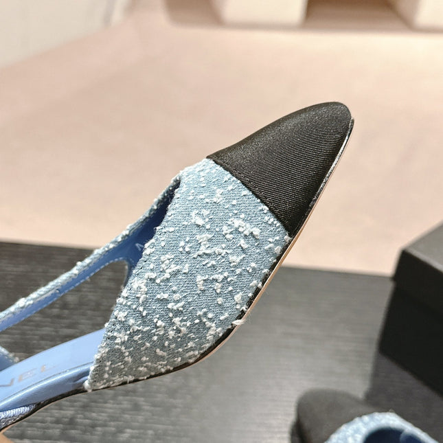 HIGH SLINGBACKS IN LIGHT BLUE DENIM AND BLACK SATIN