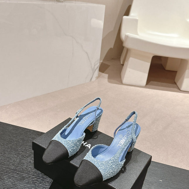 HIGH SLINGBACKS IN LIGHT BLUE DENIM AND BLACK SATIN