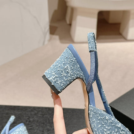 HIGH SLINGBACKS IN LIGHT BLUE DENIM AND BLACK SATIN