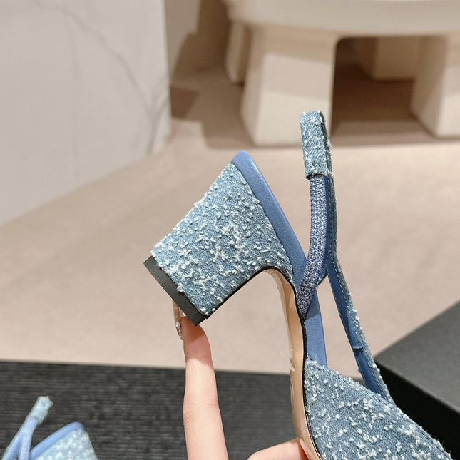 HIGH SLINGBACKS IN LIGHT BLUE DENIM AND BLACK SATIN