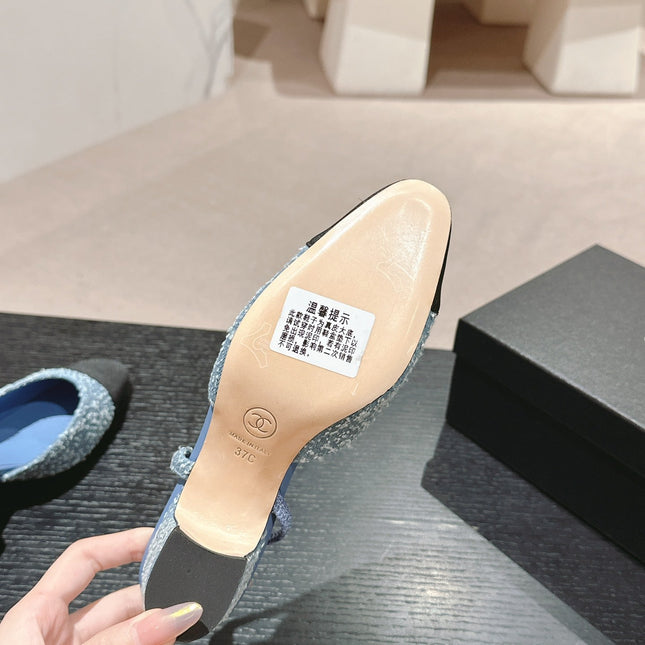 HIGH SLINGBACKS IN LIGHT BLUE DENIM AND BLACK SATIN