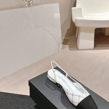 SLINGBACKS IN WHITE LAMBSKIN AND BLACK SATIN