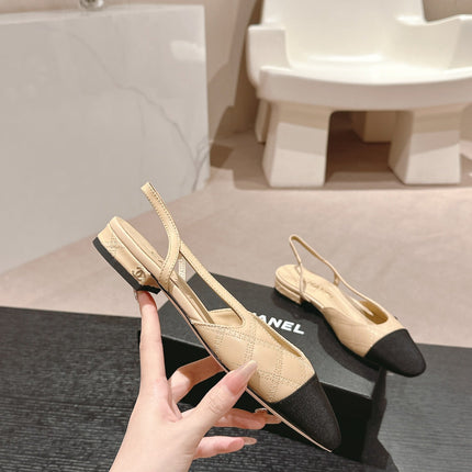 SLINGBACKS IN BEIGE CREAM LAMBSKIN AND BLACK SATIN