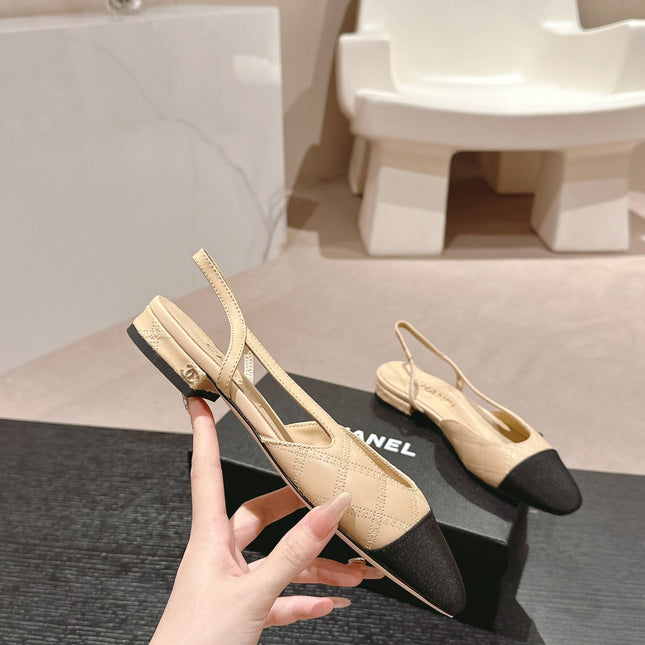 SLINGBACKS IN BEIGE CREAM LAMBSKIN AND BLACK SATIN