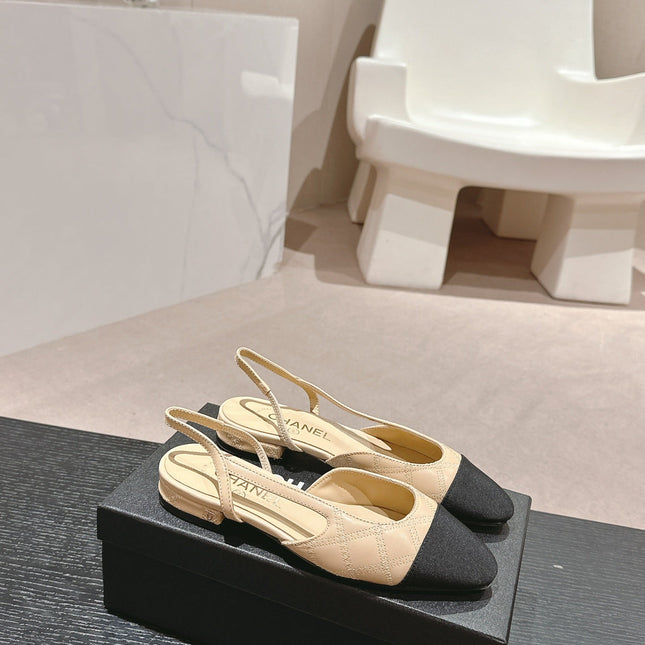 SLINGBACKS IN BEIGE CREAM LAMBSKIN AND BLACK SATIN