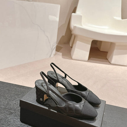 HIGH SLINGBACKS IN BLACK LAMBSKIN AND SATIN