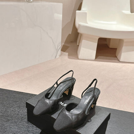 HIGH SLINGBACKS IN BLACK LAMBSKIN AND SATIN