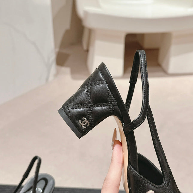 HIGH SLINGBACKS IN BLACK LAMBSKIN AND SATIN