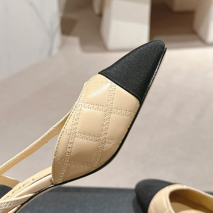 HIGH SLINGBACKS IN BEIGE CREAM LAMBSKIN AND BLACK SATIN