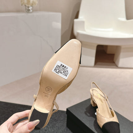 HIGH SLINGBACKS IN BEIGE CREAM LAMBSKIN AND BLACK SATIN