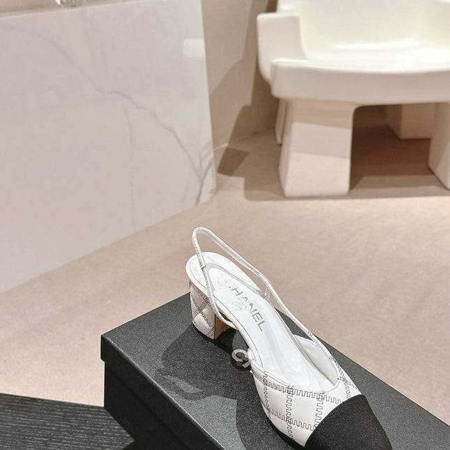 HIGH SLINGBACKS IN WHITE LAMBSKIN AND BLACK SATIN