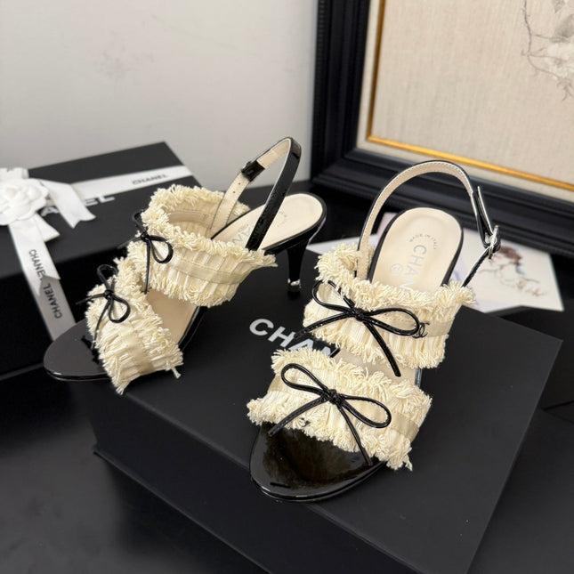 WHITE GROSGRAIN CANVAS BOW SLINGBACK SANDALS