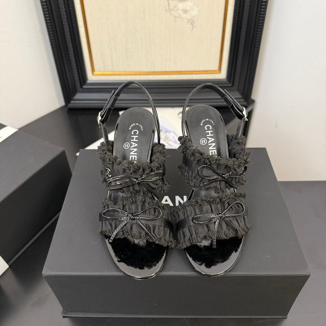 BLACK GROSGRAIN CANVAS BOW SLINGBACK SANDALS