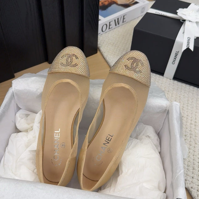 BALLET FLAT IN CAMEL BEIGE FABRIC AND MESH WITH CRYSTALS