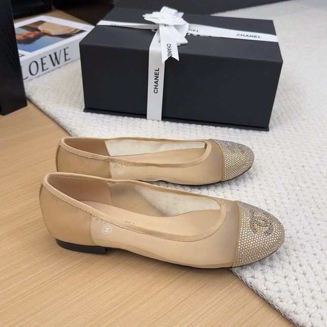 BALLET FLAT IN CAMEL BEIGE FABRIC AND MESH WITH CRYSTALS