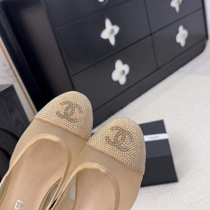 BALLET FLAT IN CAMEL BEIGE FABRIC AND MESH WITH CRYSTALS
