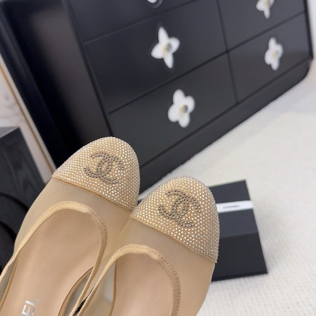 BALLET FLAT IN CAMEL BEIGE FABRIC AND MESH WITH CRYSTALS