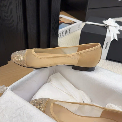 BALLET FLAT IN CAMEL BEIGE FABRIC AND MESH WITH CRYSTALS