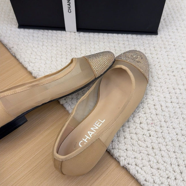 BALLET FLAT IN CAMEL BEIGE FABRIC AND MESH WITH CRYSTALS