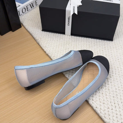 BALLET FLAT IN BLACK FABRIC AND BABY BLUE MESH