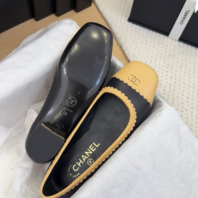 BALLET FLAT IN BLACK MIX PEANUT BROWN CALFSKIN
