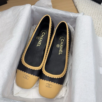 BALLET FLAT IN BLACK MIX PEANUT BROWN CALFSKIN