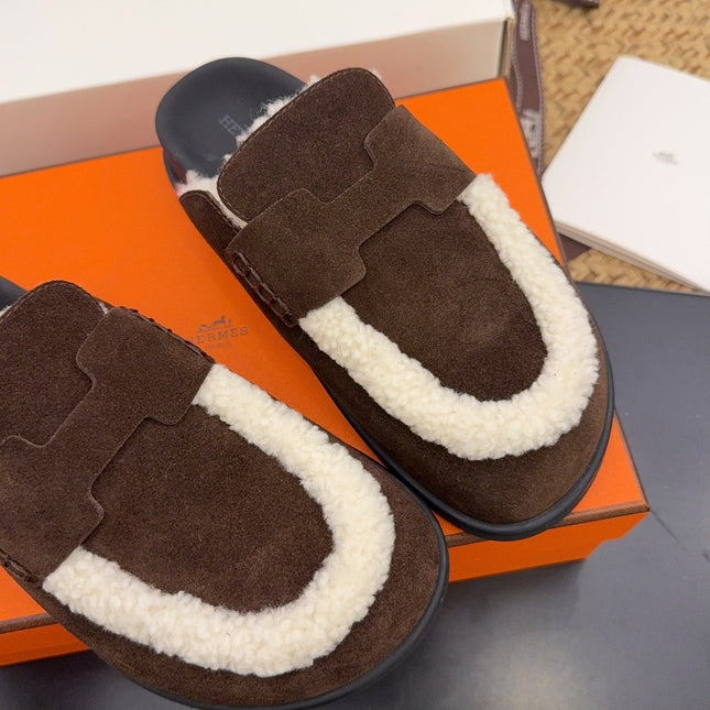 HM 25S MULE IN DARK CHOCOLATE BROWN SUEDE MIX WHITE SHEARLING