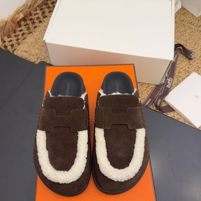 HM 25S MULE IN DARK CHOCOLATE BROWN SUEDE MIX WHITE SHEARLING