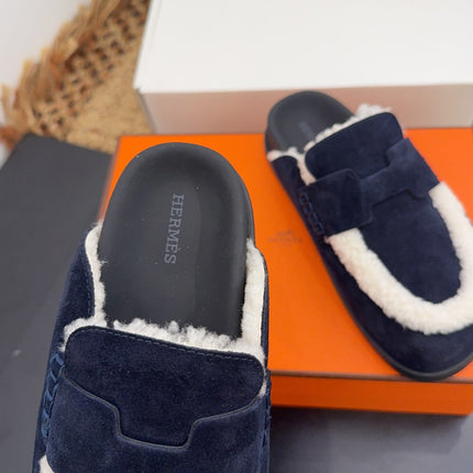 HM 25S MULE IN DARK SLATE BLUE SUEDE MIX WHITE SHEARLING