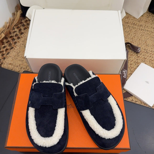 HM 25S MULE IN DARK SLATE BLUE SUEDE MIX WHITE SHEARLING