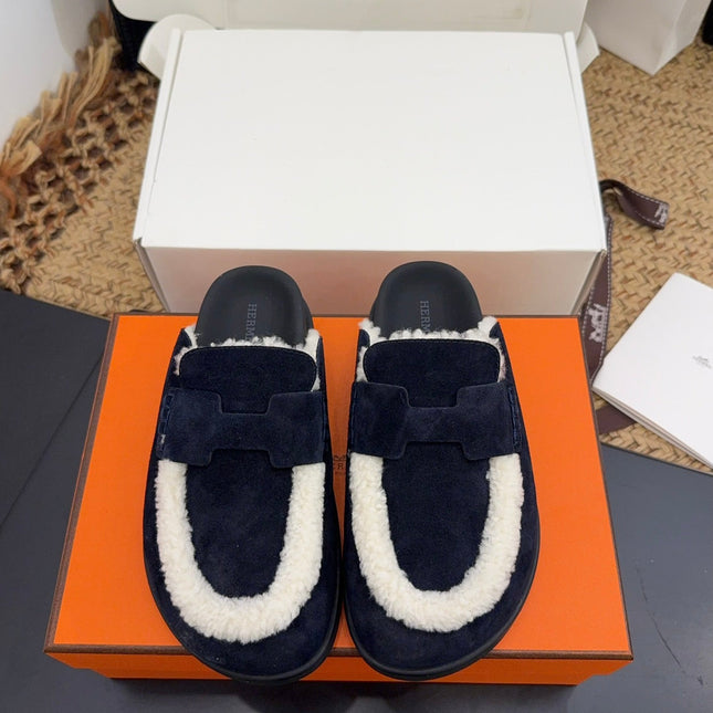 HM 25S MULE IN DARK SLATE BLUE SUEDE MIX WHITE SHEARLING