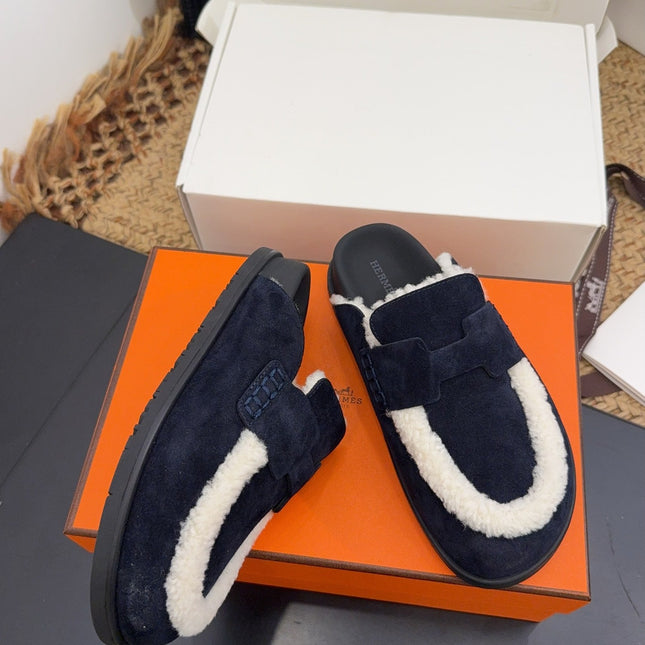 HM 25S MULE IN DARK SLATE BLUE SUEDE MIX WHITE SHEARLING