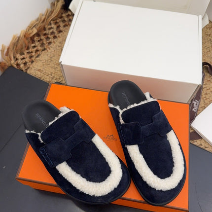 HM 25S MULE IN DARK SLATE BLUE SUEDE MIX WHITE SHEARLING