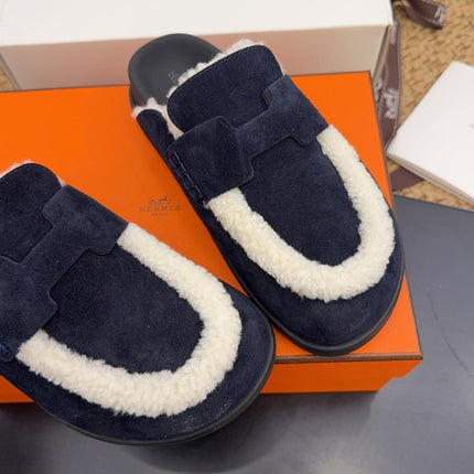 HM 25S MULE IN DARK SLATE BLUE SUEDE MIX WHITE SHEARLING