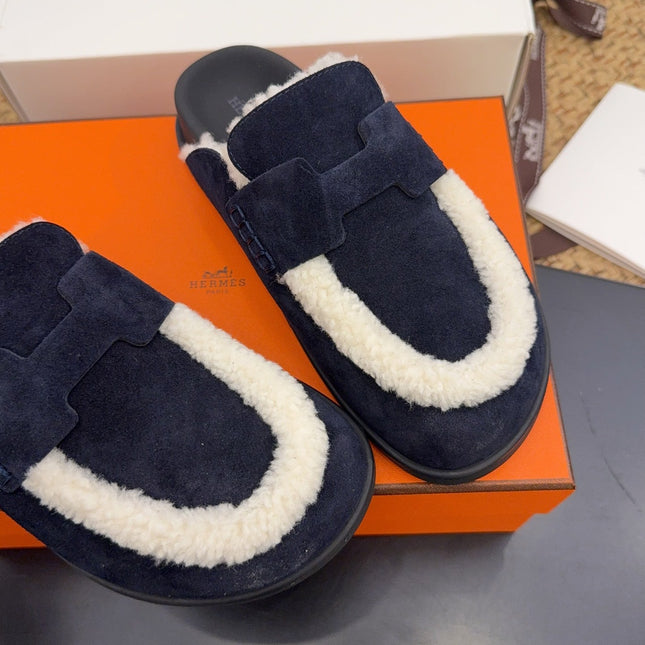 HM 25S MULE IN DARK SLATE BLUE SUEDE MIX WHITE SHEARLING