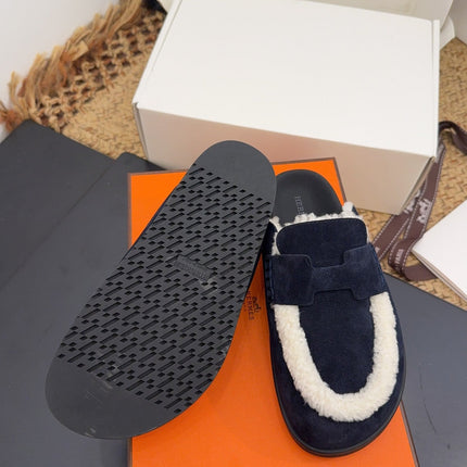 HM 25S MULE IN DARK SLATE BLUE SUEDE MIX WHITE SHEARLING