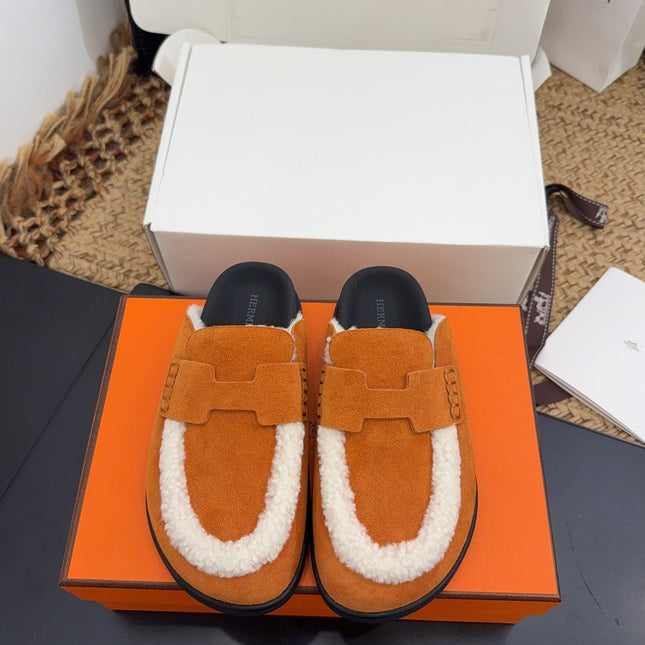 HM 25S MULE IN ORANGE SUEDE MIX WHITE SHEARLING
