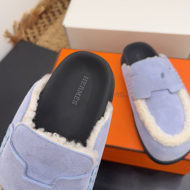 HM 25S MULE IN SOFT LAVENDER BLUE SUEDE MIX WHITE SHEARLING