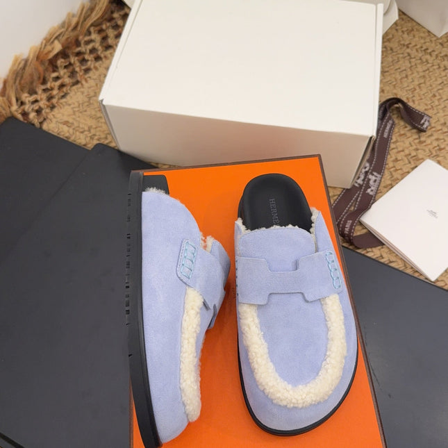 HM 25S MULE IN SOFT LAVENDER BLUE SUEDE MIX WHITE SHEARLING