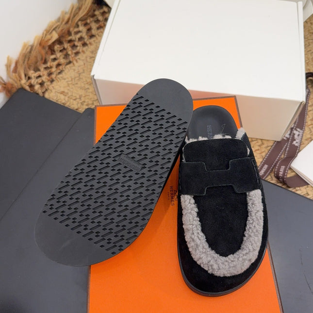 HM 25S MULE IN BLACK SUEDE MIX GREY SHEARLING