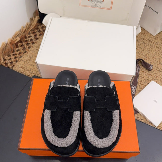 HM 25S MULE IN BLACK SUEDE MIX GREY SHEARLING