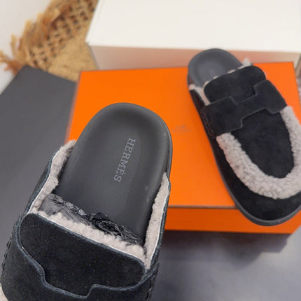 HM 25S MULE IN BLACK SUEDE MIX GREY SHEARLING