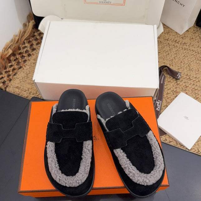 HM 25S MULE IN BLACK SUEDE MIX GREY SHEARLING