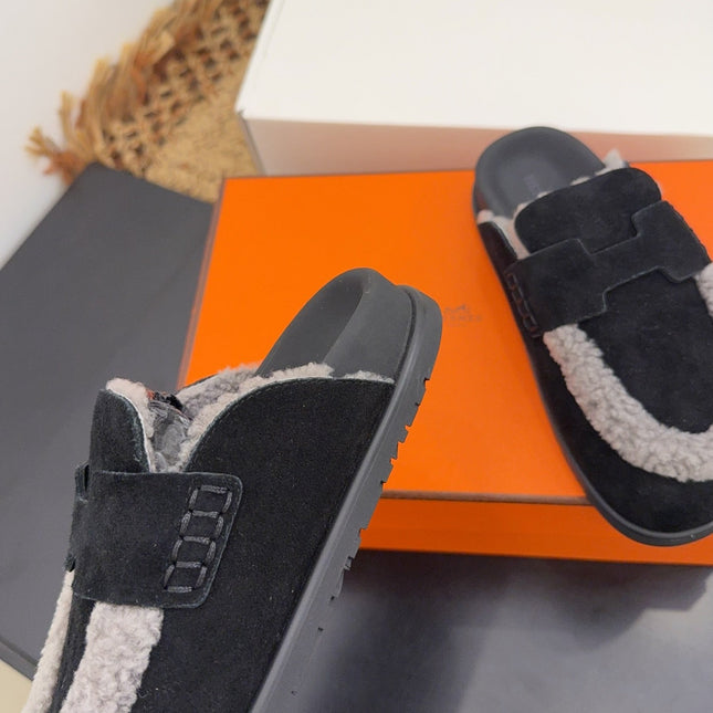 HM 25S MULE IN BLACK SUEDE MIX GREY SHEARLING